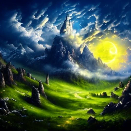 RAW photo, (masterpiece:1.3), subsurface scattering, heavy shadow, (high quality:1.4), (intricate, high detail:1.2), professional photography, HDR, High Dynamic Range, realistic, ultra realistic, photorealistic, high resolution, film photography, ambient lighting, atmospheric effects, <lora:detail_slider_v4:2>, OverallDetail, epic medieval fantasy, night sky, cloud, fanmou, grass, landscape, moon, mountain, outdoors, ruins, sky, tree, <lora:Fantasy_Mountains:1>, epiCPhoto