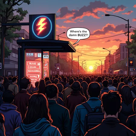 A picture of a crowded bus stop during sunset. In the upper side of the bus stop a neon light sign of a lightning bolt logo. From the crowd of people an speech balloon appears and says: "Where's the damn BUZZ?!"