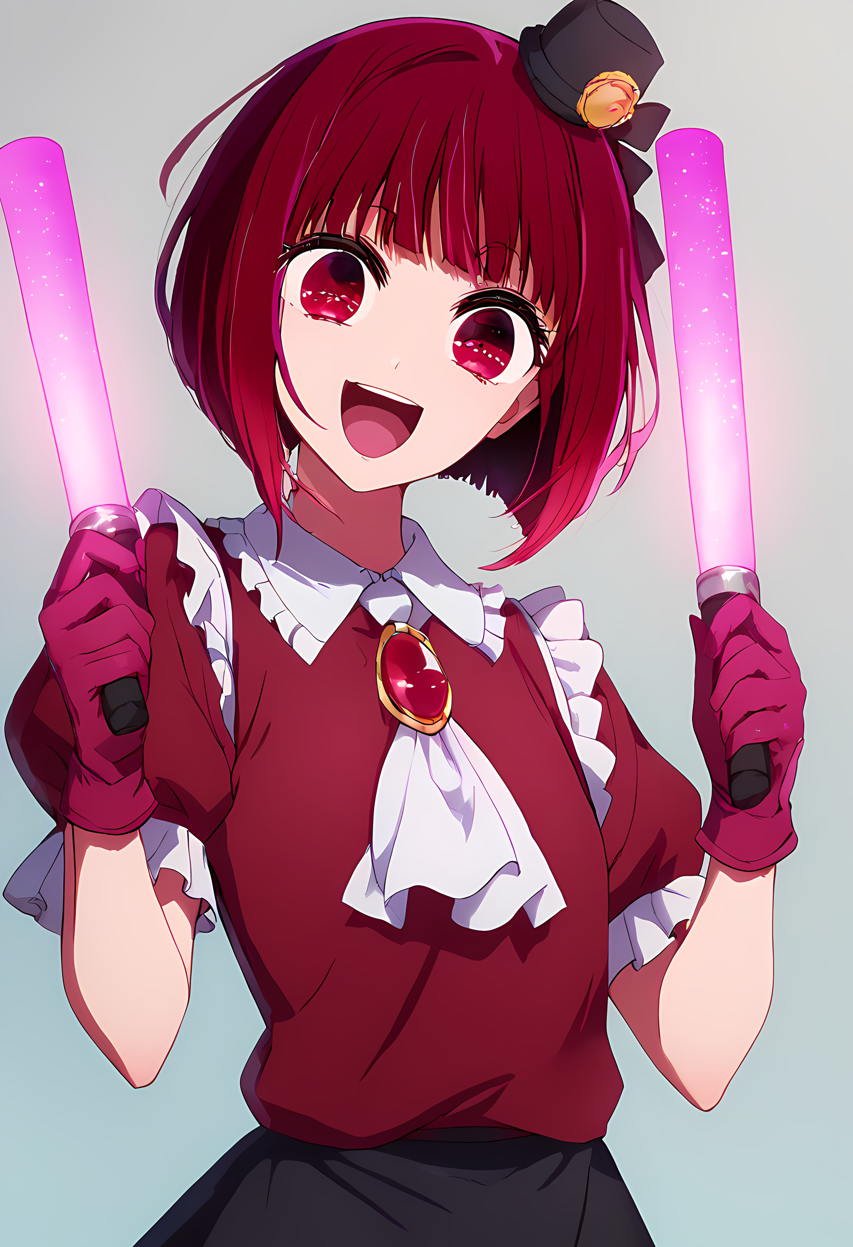 score_9, score_8_up, score_7_up, 1girl, solo, kana arima, short hair, bangs, red eyes, red hair, bob cut, mini hat, head tilt, red eyes, jewelry, brooch, white ascot, frills, red shirt, short sleeves, pink gloves, black skirt, glowstick, holding, holding glowstick, excited, shiny eyes, open mouth, upper body <lora:kana-arima-s1-ponyxl-lora-nochekaiser:1>  <lora:Holding_glowstick:1>