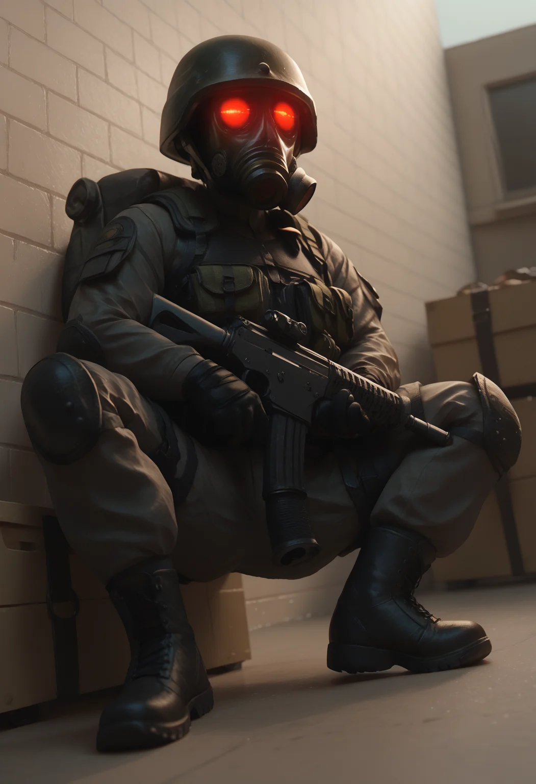 zPDXL3, score_9_up, score_8_up, score_7_up, detailed, (best quality:1.2), hi res, digital media \(artwork\) BREAK outside, solo, 1boy, hunkre, gas mask, helmet, glowing eyes, muscular, tactical gear, military, boots, holding gun <lora:HUNK_ResidentEvil_V1:0.8> <lora:detailed_notrigger:1> <lora:1dkXLP:0.4>