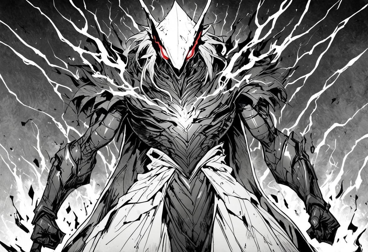 monochrome, greyscale, An imposing figure stands, enveloped in a vortex of vibrant red energy that crackles like lightning in the gloom. His broad-shouldered, heavy-textured dark robe falls over his body, while a hood conceals his identity. His face is covered by a metallic mask of fine white lines, reflecting a spectral glow. From the shadows of his hood, two incandescent red eyes pierce the darkness with inhuman intensity. Around him, reality distorts into a frenzy of flames and living shadows, spinning in pure chaos. Ethereal figures, barely discernible, lurk in the gloom, with glowing eyes that seem to spy from the abyss. The low angle perspective reinforces its authority and magnitude, making it appear colossal, like a deity emerging from the very core of an infernal storm. His perfect hands, hidden under his tunic, suggest a contained power. The composition plays with the contrast between his dark silhouette and the searing glow that surrounds him, evoking the image of an implacable, transcendental being, whose mastery over crimson energy turns the scene into an overwhelming spectacle of chaos and absolute power.