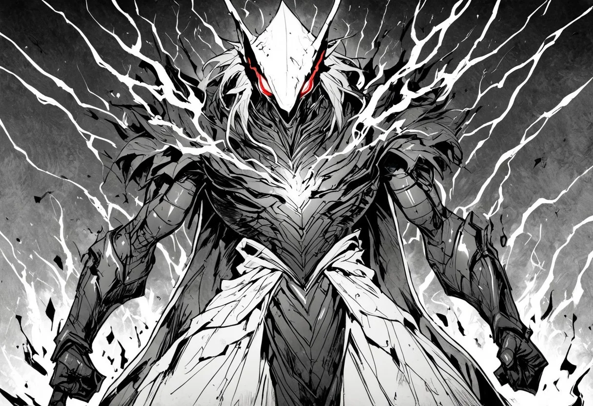 monochrome, greyscale, An imposing figure stands, enveloped in a vortex of vibrant red energy that crackles like lightning in the gloom. His broad-shouldered, heavy-textured dark robe falls over his body, while a hood conceals his identity. His face is covered by a metallic mask of fine white lines, reflecting a spectral glow. From the shadows of his hood, two incandescent red eyes pierce the darkness with inhuman intensity. Around him, reality distorts into a frenzy of flames and living shadows, spinning in pure chaos. Ethereal figures, barely discernible, lurk in the gloom, with glowing eyes that seem to spy from the abyss. The low angle perspective reinforces its authority and magnitude, making it appear colossal, like a deity emerging from the very core of an infernal storm. His perfect hands, hidden under his tunic, suggest a contained power. The composition plays with the contrast between his dark silhouette and the searing glow that surrounds him, evoking the image of an implacable, transcendental being, whose mastery over crimson energy turns the scene into an overwhelming spectacle of chaos and absolute power.