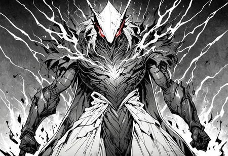 monochrome, greyscale, An imposing figure stands, enveloped in a vortex of vibrant red energy that crackles like lightning in the gloom. His broad-shouldered, heavy-textured dark robe falls over his body, while a hood conceals his identity. His face is covered by a metallic mask of fine white lines, reflecting a spectral glow. From the shadows of his hood, two incandescent red eyes pierce the darkness with inhuman intensity. Around him, reality distorts into a frenzy of flames and living shadows, spinning in pure chaos. Ethereal figures, barely discernible, lurk in the gloom, with glowing eyes that seem to spy from the abyss. The low angle perspective reinforces its authority and magnitude, making it appear colossal, like a deity emerging from the very core of an infernal storm. His perfect hands, hidden under his tunic, suggest a contained power. The composition plays with the contrast between his dark silhouette and the searing glow that surrounds him, evoking the image of an implacable, transcendental being, whose mastery over crimson energy turns the scene into an overwhelming spectacle of chaos and absolute power.