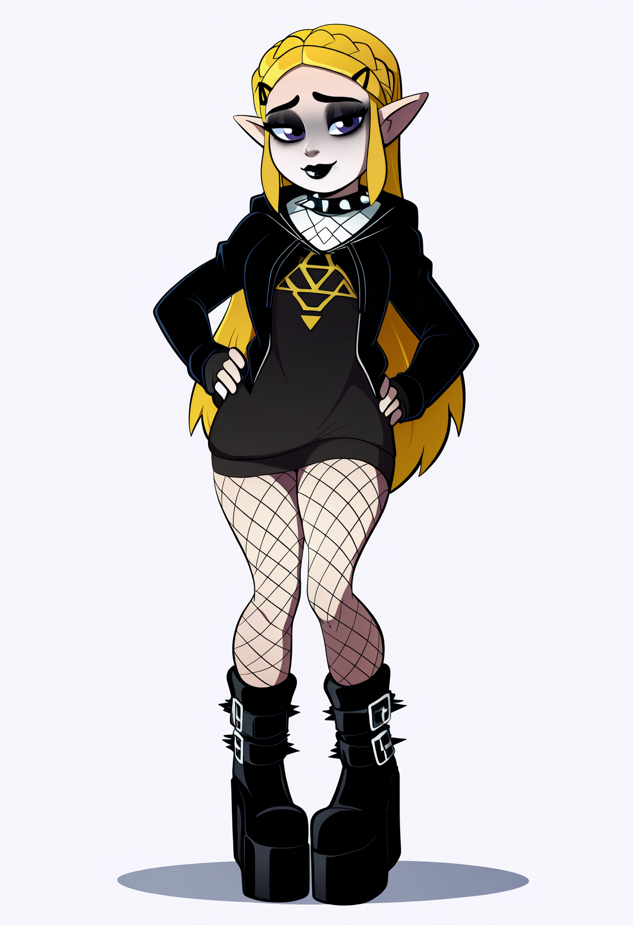best quality, amazing quality, very aesthetic, absurdres,
1girl, goth princess zelda, black braided hair, black lips, fishnet stockings, high platform boots, spiked collar, jacket, 
hands on hips, standing, smile, looking at viewer, solo, simple background, white background, <lora:RavenRavenRavenNoob_byKonan:1>