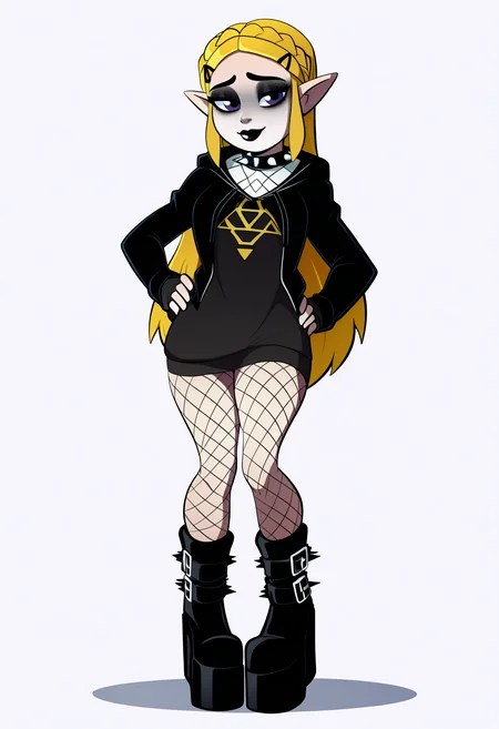 best quality, amazing quality, very aesthetic, absurdres,
1girl, goth princess zelda, black braided hair, black lips, fishnet stockings, high platform boots, spiked collar, jacket,
hands on hips, standing, smile, looking at viewer, solo, simple background, white background, <lora:RavenRavenRavenNoob_byKonan:1>