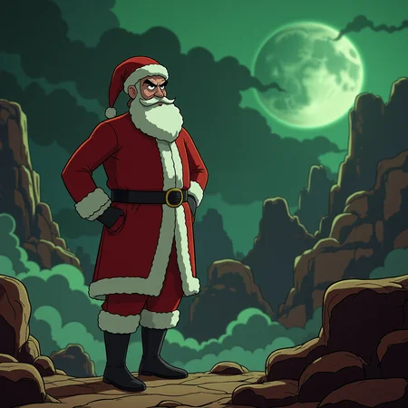Santa Claus stands victorious amidst a Martian landscape,  vintage,  retro-futuristic colors, dramatic lighting, and atmospheric smoke effects, with Santa's iconic red suit and beard contrasting against the eerie green Martian terrain.