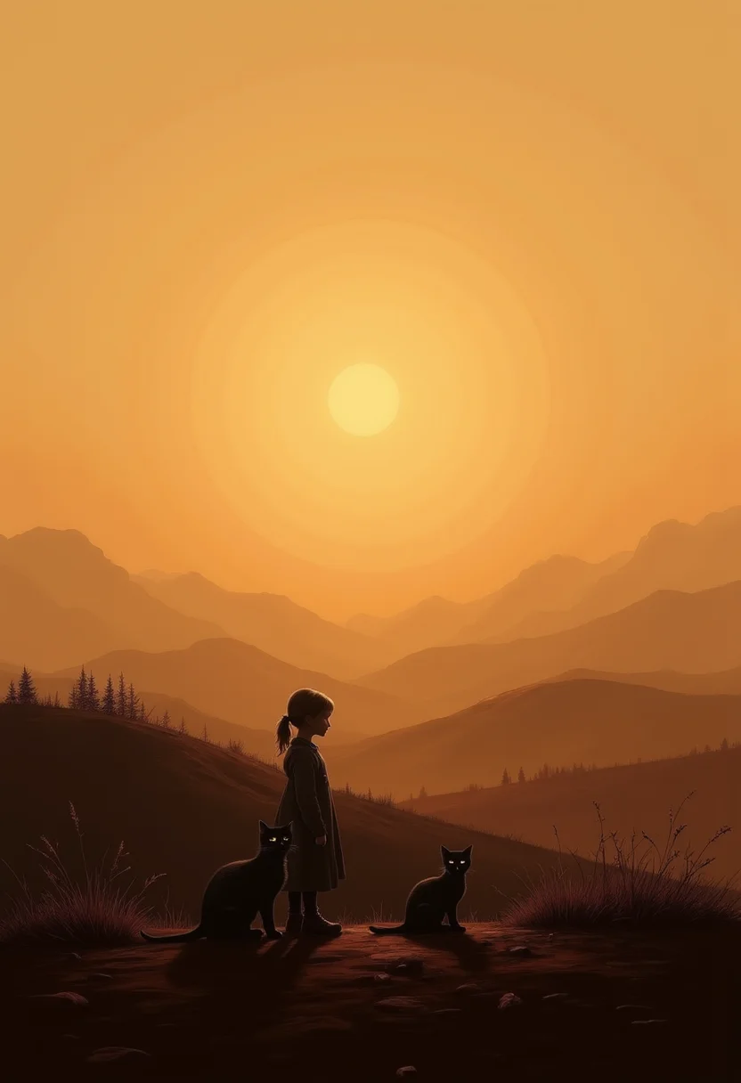 In a simplistic yet captivating scene, a hill gradually leads towards an open space under a serene sunset sky. A young girl dressed in muted colors interacts with her feline companion beside her. The cat holds an air of elegance with its sleek body and gleaming eyes. The minimalistic composition focuses on their bond as they spend their afternoon together, emphasizing the importance of connection amidst an uncluttered background. The German oak tree stands nearby, its iconic silhouette accentuated against the horizon. The dying light of the sun paints the surroundings in soft hues of subtle colors, evoking tranquility and peacefulness. Blending elements from various art forms while maintaining an uncomplicated aesthetic, this serene image encapsulates both the charm of friendship and the beauty found in simplicity. ,<lora:flux/fav/we-br-v2.safetensors:1.0:1.0>