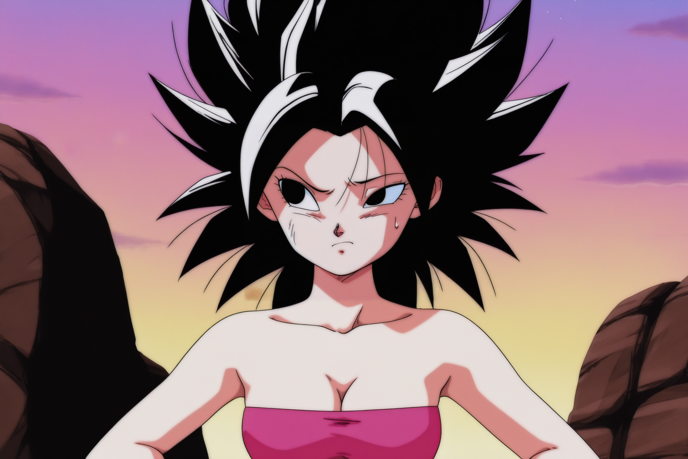 anime screencap, absurdres, high quality, 
caulifla, 1990s \(style\), anime coloring, retro artstyle, 1girl, solo, breasts, black hair, cleavage, bare shoulders, medium breasts, closed mouth, collarbone, upper body, outdoors, sky, sweatdrop, black eyes, strapless, frown, spiked hair, rock, pink tube top, eyelashes, hands on hips, raised eyebrow, confused, looking at another
 <lora:Caulifla_iL:0.8>