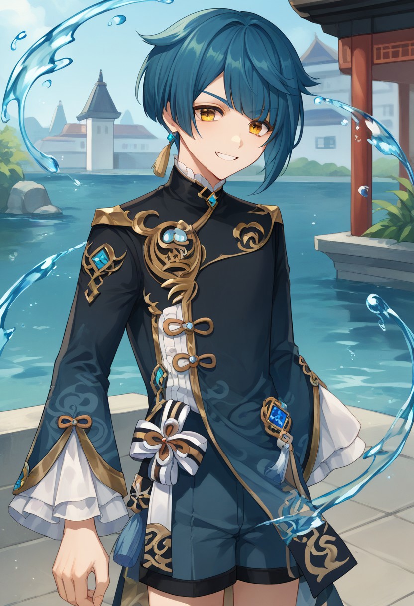 score_9, score_8_up, score_7_up, source_anime, highly detailed, 
Xingqiu, 1boy, male focus, solo, dark blue hair, bangs, short hair, yellow eyes, jewelry, earrings, single earring, tassel earrings, tassel, chinese clothes, coat, blue coat, frills, shirt, frilled shirt collar, frilled sleeves, long sleeves, wide sleeves, shorts, blue shorts, vision (genshin impact), water spell, smile, determined
outdoor, building, oriental,