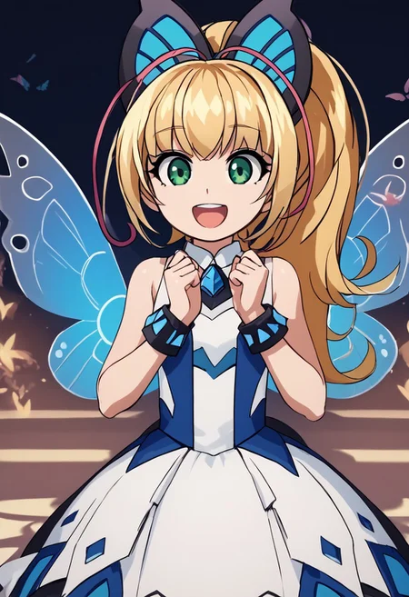 score_4,score_5,score_6,score_7_up,score_8_up,score_9
((masterpiece,best quality,ultra detailed,highres,HD,4k:1.2)),
1girl,solo,girl forcus,upper body,
long hair,blonde hair,side locks,multicolored hair,ponytail,hair ornament,butterfly hair ornament,green eyes, wings,butterfly wings,sleeveless,dress,white thighhighs,shoes,bracelet,jewelry,
Stage, idol stage,
open mouth,happy,smie,