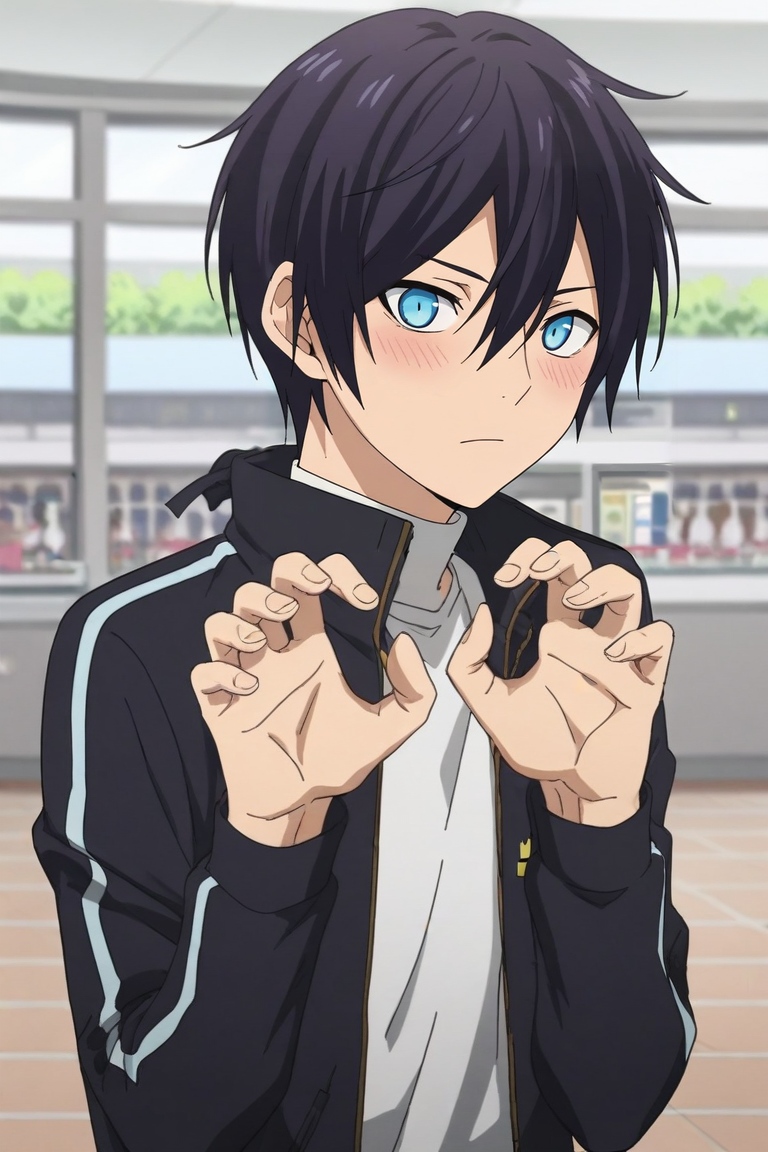score_9, score_8_up, score_7_up, source_anime, rating_safe, , anime screencap, , official style, , depth of field, 1boy, solo, male focus, <lora:yato_noragami_pony:0.82>, yato_noragami, black hair, blue eyes, short hair, hair between eyes, , upper body, shopping mall, stores, signs, dark, claw pose, shy, blush, , <lora:sdxl_lightning_8step_lora:1>