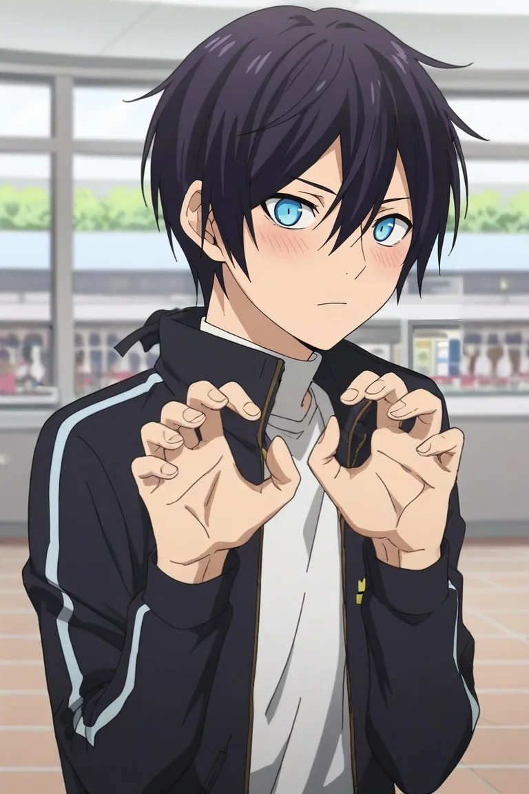 score_9, score_8_up, score_7_up, source_anime, rating_safe, , anime screencap, , official style, , depth of field, 1boy, solo, male focus, <lora:yato_noragami_pony:0.82>, yato_noragami, black hair, blue eyes, short hair, hair between eyes, , upper body, shopping mall, stores, signs, dark, claw pose, shy, blush, , <lora:sdxl_lightning_8step_lora:1>