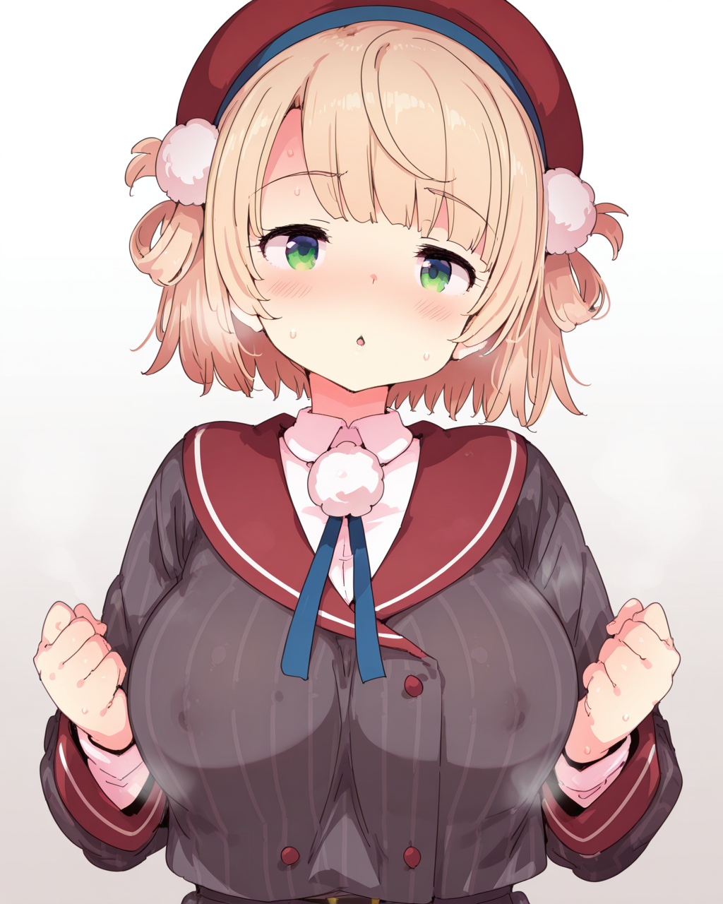 1girl, solo, shigure ui \(vtuber\),green eyes, blonde hair, short hair,hair rings,pom pom hair ornament,beret,grey striped jacket,red sailor collar,pom pom \(clothes\), large breasts, petenshi \(dr. vermilion\), steam, smell, steaming body, looking at viewer, upper body, simple background, white background, masterpiece, best quality, very aesthetic, absurdres