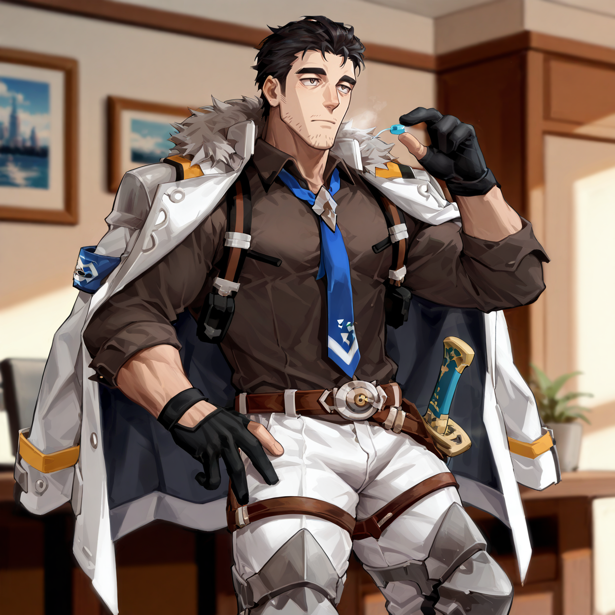 <lora:Zekhel_-_World_Flipper:.7>, z3kh3l_wf, brown eyes, black hair, stubble, z3kh3l_wf, brown eyes, black hair, stubble, fur-trimmed coat, coat on shoulders, collared shirt, brown shirt, blue necktie, partially fingerless gloves, belt, white pants, leg armor, armored boots
(very short hair, beard, bara, mature, facial hair, stubble, beard, full beard, sideburn, beard, a lot of beard, ), facial hair,male focus, muscular male, muscular male, bara, mature,  bara, mature, aixiwuganda_(20222192), very awa, masterpiece, best quality, absurdres, newest, perfect quality, detailed background, intricate details,
<lora:slider_Body Type_alpha1.0_rank4_noxattn_last:3><lora:style_Anime Summer Days 2 Style SDXL_LoRA_Pony Diffusion V6 XL:.6><lora:slider_cfg_scale_boost:.7><lora:face_Artist6p-10:.55>, Artist6p, Artist04p,<lora:slider_il_brightness_slider_d1:-1><lora:slider_il_contrast_slider_d1:-1><lora:slider_DarkSlider1.2_alpha1.0_rank16_full_300steps:-.6>