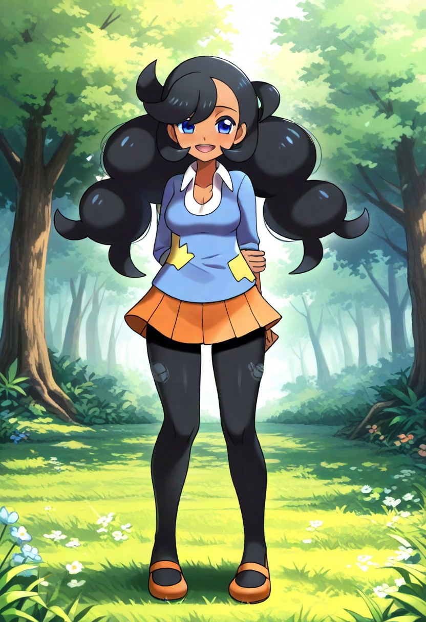 2d, masterpiece, best quality, amazing quality, 1girl, solo, close-up, standing, smile, full body, looking at viewer, day, meadow, pkemma, emma \(pokemon\), dark-skinned female, blue eyes, low twintails, bangs, black hair, long hair, blue sweater, yellow patch, white shirt, collared shirt, orange pleated skirt, black pantyhose, torn pantyhose, mary janes, orange footwear