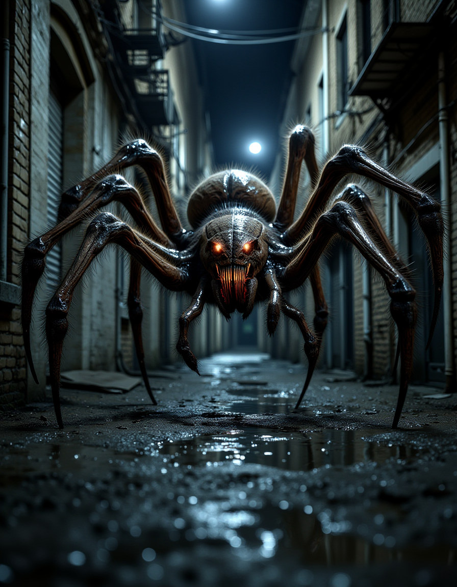 <lora:monster_flux:1>,full body amateur photography of horrifying monster spider in backstreet at night,