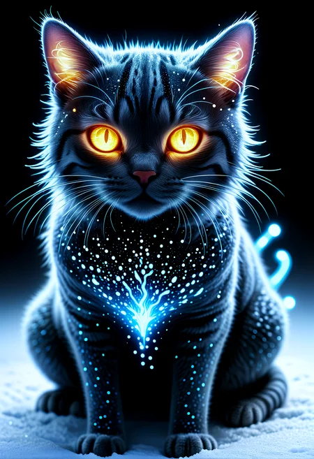 sparkles, depiction of a cat made out of glowing hot iron inside cold nitrogen, intricate, detailed