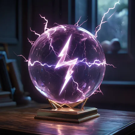 A beautiful translucent pale orb containing glowing lightning bolt symbol, crystal clear, Fancy stand, time distortion, high quality, extreme detail, ultra hd,