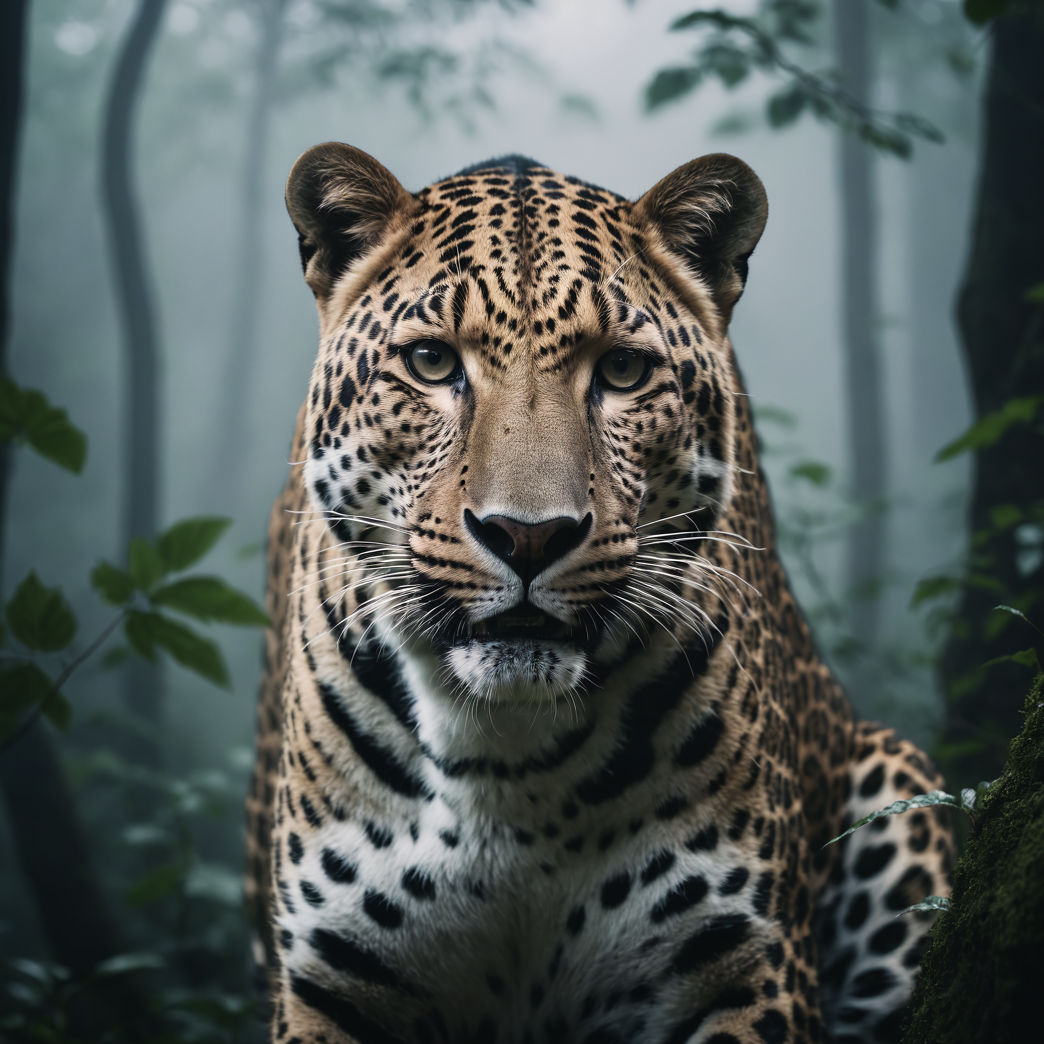 breathtaking 135mm IMAX cinematic shot, award winning wildlife medium shot, close-up action shot of a gigantic majestic leopard, (intense threatening look:1.4), (lush foggy jungle), muted palette, minimalist black and white, cloudcore, minimalist landscapes, meticulously crafted scene, (cinematic dusk backlight:1.4), no-humans, (analog:1.3), specular lighting, (wide shot:1.2), F/5, (cinematic still:1.2), 35mm photograph, film, professional, sharp focus, F/5, 35mm photograph, film, professional, photographic, editorial photograph, hyperdetailed photography, natural lighting, film grain, photography, (photorealistic:1.4), dslr, f2, 16mm, 50mm, 35mm, Kodak UltraMax 400, Fujifilm Superia Premium 400, Nikon D850 film stock photograph, Kodak Portra 400 f1.6 lens, 1/80s, f/2.8, ISO 100, Dramatic, Atmospheric, 8k, UHD, color graded portra 400 film, analog raw photo, amateur photo, film stock photograph, photorealism, amazing fine detail, absurdres, lifelike