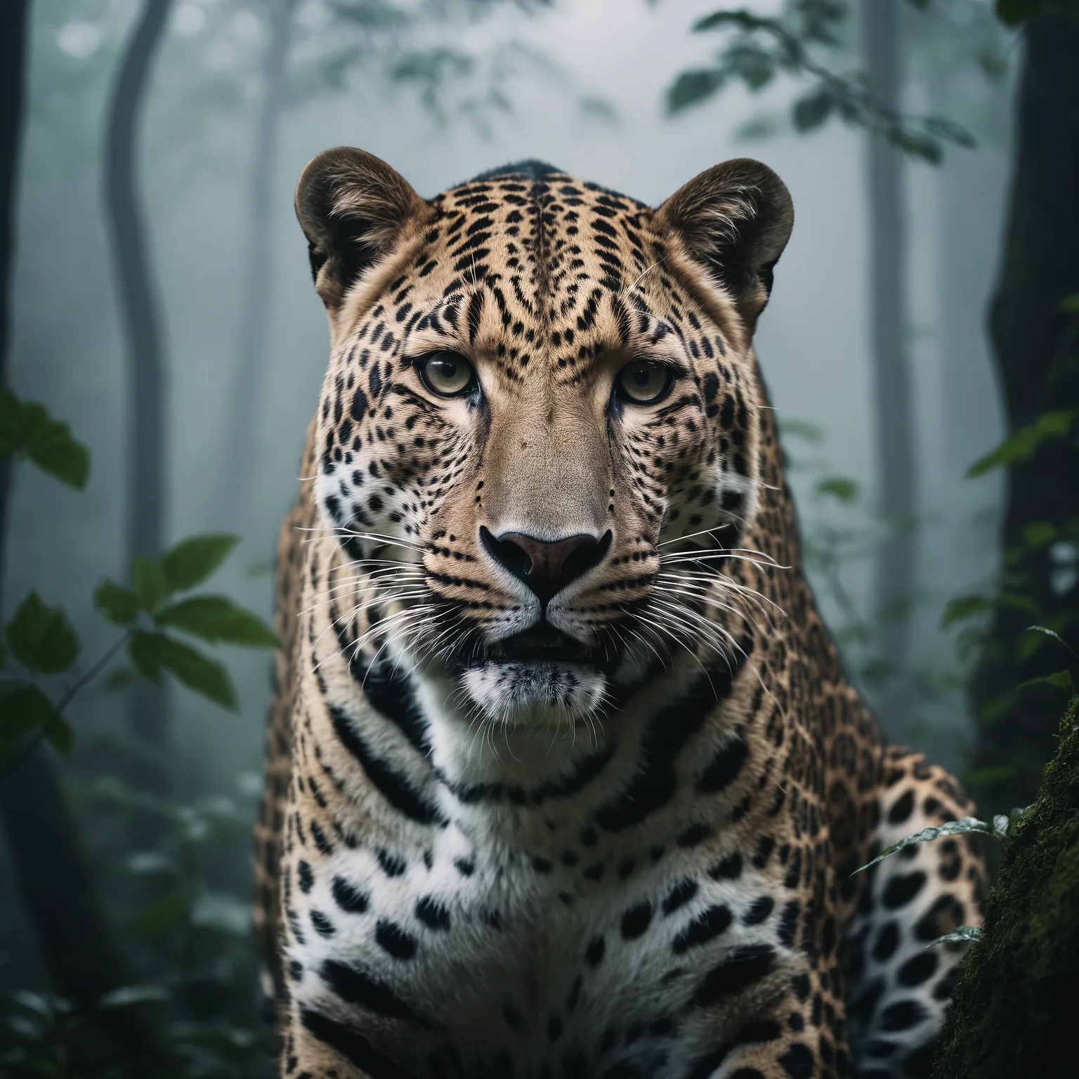 breathtaking 135mm IMAX cinematic shot, award winning wildlife medium shot, close-up action shot of a gigantic majestic leopard, (intense threatening look:1.4), (lush foggy jungle), muted palette, minimalist black and white, cloudcore, minimalist landscapes, meticulously crafted scene, (cinematic dusk backlight:1.4), no-humans, (analog:1.3), specular lighting, (wide shot:1.2), F/5, (cinematic still:1.2), 35mm photograph, film, professional, sharp focus, F/5, 35mm photograph, film, professional, photographic, editorial photograph, hyperdetailed photography, natural lighting, film grain, photography, (photorealistic:1.4), dslr, f2, 16mm, 50mm, 35mm, Kodak UltraMax 400, Fujifilm Superia Premium 400, Nikon D850 film stock photograph, Kodak Portra 400 f1.6 lens, 1/80s, f/2.8, ISO 100, Dramatic, Atmospheric, 8k, UHD, color graded portra 400 film, analog raw photo, amateur photo, film stock photograph, photorealism, amazing fine detail, absurdres, lifelike