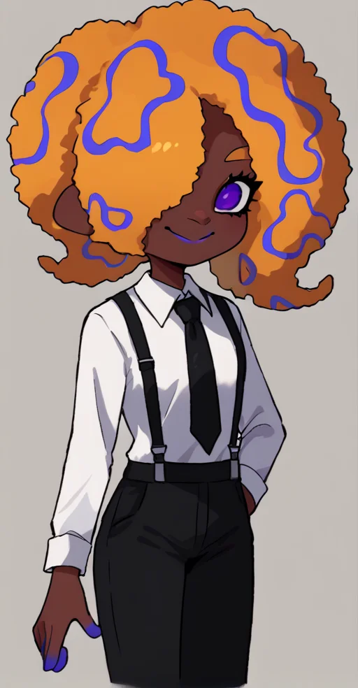score_9, solo, 1girl, dark skin, black pants, pants, purple eyes, hair over one eye, shirt, white shirt, afro, smile, necktie, suspenders, <lora:tao_blu_splatoon:1>