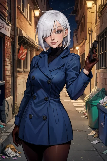 1girl, (solo:1.2), (standing:1.3), (posing for the camera:1.3), (cowboy shot:1.5), smile, happy, at ease, (curvy:1.2), (masterpiece:1.3), (best quality:1.3), (perfect anatomy:1.4), highly detailed, <lora:Fiona Frost [h_madoka - v1.0]:0.7> fiona1, spy x family, hair_over_one_eye, brown gloves, buttoned up coat, blue coat, buttons, jewelry, turtleneck, earring, (white hair:1.2), large breasts, (night:1.5), (dark alleyway inside a large city:1.2), (chainlink fence:1.2), (trash lying around:1.2), concrete, sparse lighting, (dystopian), <lora:Sciamano240 [MockAi - v1.0]:0.8> sciamano240, soft shading, detailed, semi-realistic