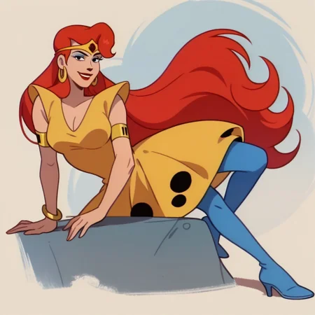 score_9, score_8_up, score_7_up BREAK KatellaS, 1girl, red hair, black eyes, blue eyeshadow, red lipstick, gold tiara with red gem, gold left wrist bracelet, gold right shoulder armband, yellow dress, blue tights, high-heels, smiling at viewer,