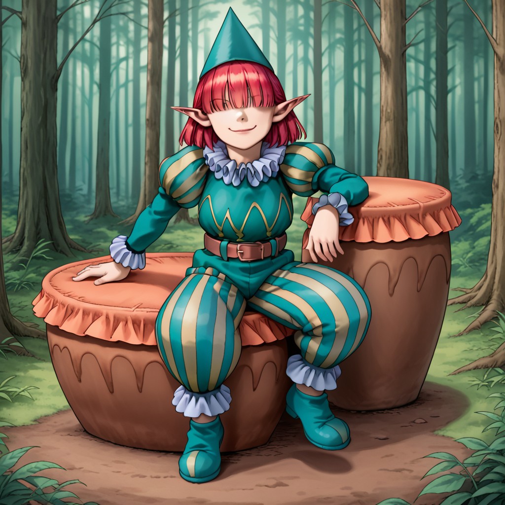 1girl,solo,red hair,bangs,hair over eyes,pointy ears,hat,ruff collar,shirt,puffy sleeves,belt,striped pants,shoes,sitting on drum,facing viewer,looking at viewer,forest,smirk