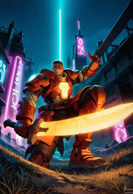Score_7_up, score_8_up, score_9,((clos_pers)), closeup, perspective shot,
BREAK,
1boy, dynamic pose, futuristic armor, glowing SciFi sword, ((weapon focus)), object focus, sword pointed towards viewer,
Outdoors, battlefield, neon lighting,