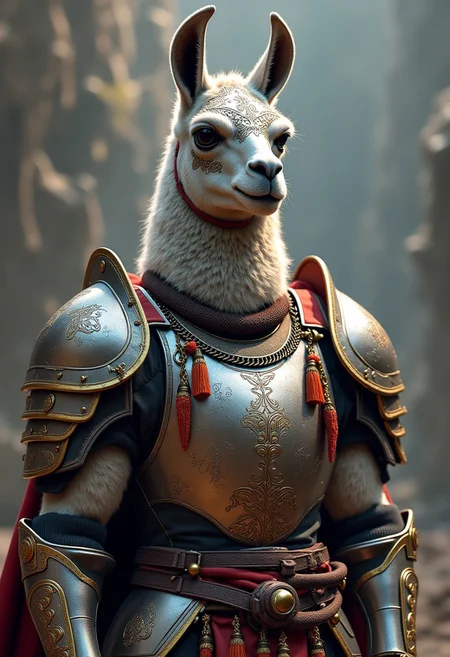 (masterpiece), best quality, expressive eyes, perfect face, sharp eyes, digital painting, voluminetric lighting, metallic reflections, 8k.
Majestic llama, its fur a battle-grey, standing tall and proud. Clad in gleaming armor tailored to its contours, it exudes an aura of strength and valor. The war llama's gear is a masterpiece of craftsmanship, with plates of hardened steel interlocking seamlessly, providing both mobility and defense. A helmet with intricate etchings crowns its head, the visor shaped like the fierce face of a guardian spirit, instilling fear in the hearts of adversaries. Tassels of vibrant colors flow from its regalia, signifying its high rank in the army. This llama is not just a beast of burden but a noble warrior, its presence on the battlefield a symbol of resilience and power. With each confident step, it carries the hopes of its people, ready to face any challenge, a true embodiment of the warrior spirit in the animal kingdom.