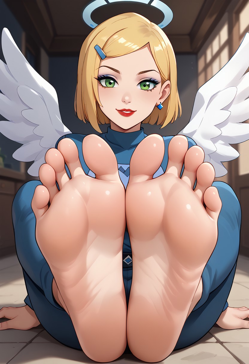 score_9, score_8_up, score_7_up, score_6_up, score_5_up, score_4_up, source_anime, BREAK, (masterpiece:1.4), (best quality:1.2), expressive eyes, perfect face, perfect anatomy, accurate anatomy, perfect feet, perfect soles, 1 girls, feet, soles, toes, foot focus, front view, smile, cute expression, clean feet, sitting, hands on ground, showing feet, barefoot, PONYXL_WaifuFeetPics_ownwaifu, feet, 1girl, pale skin, green eyes, short blonde hair, hair clip, sapphire earrings, sapphire-blue raglan shirt with a cat logo, diamond-white capri pants, barefoot, (((angel wings, halo, glowing halo))), (((blue eyeshadow, makeup))), (((red lips, lipstick))),