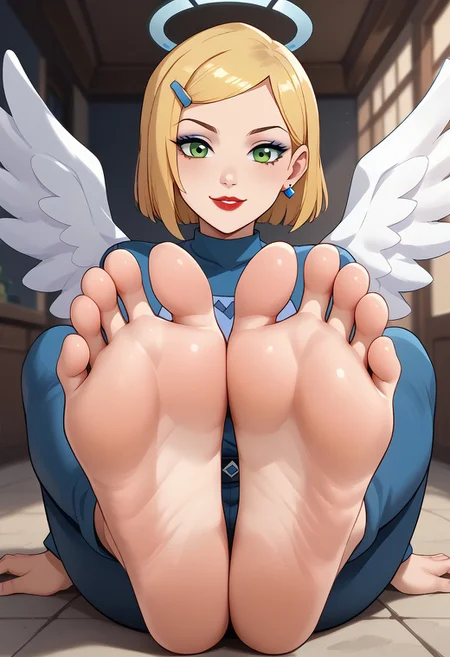 score_9, score_8_up, score_7_up, score_6_up, score_5_up, score_4_up, source_anime, BREAK, (masterpiece:1.4), (best quality:1.2), expressive eyes, perfect face, perfect anatomy, accurate anatomy, perfect feet, perfect soles, 1 girls, feet, soles, toes, foot focus, front view, smile, cute expression, clean feet, sitting, hands on ground, showing feet, barefoot, PONYXL_WaifuFeetPics_ownwaifu, feet, 1girl, pale skin, green eyes, short blonde hair, hair clip, sapphire earrings, sapphire-blue raglan shirt with a cat logo, diamond-white capri pants, barefoot, (((angel wings, halo, glowing halo))), (((blue eyeshadow, makeup))), (((red lips, lipstick))),