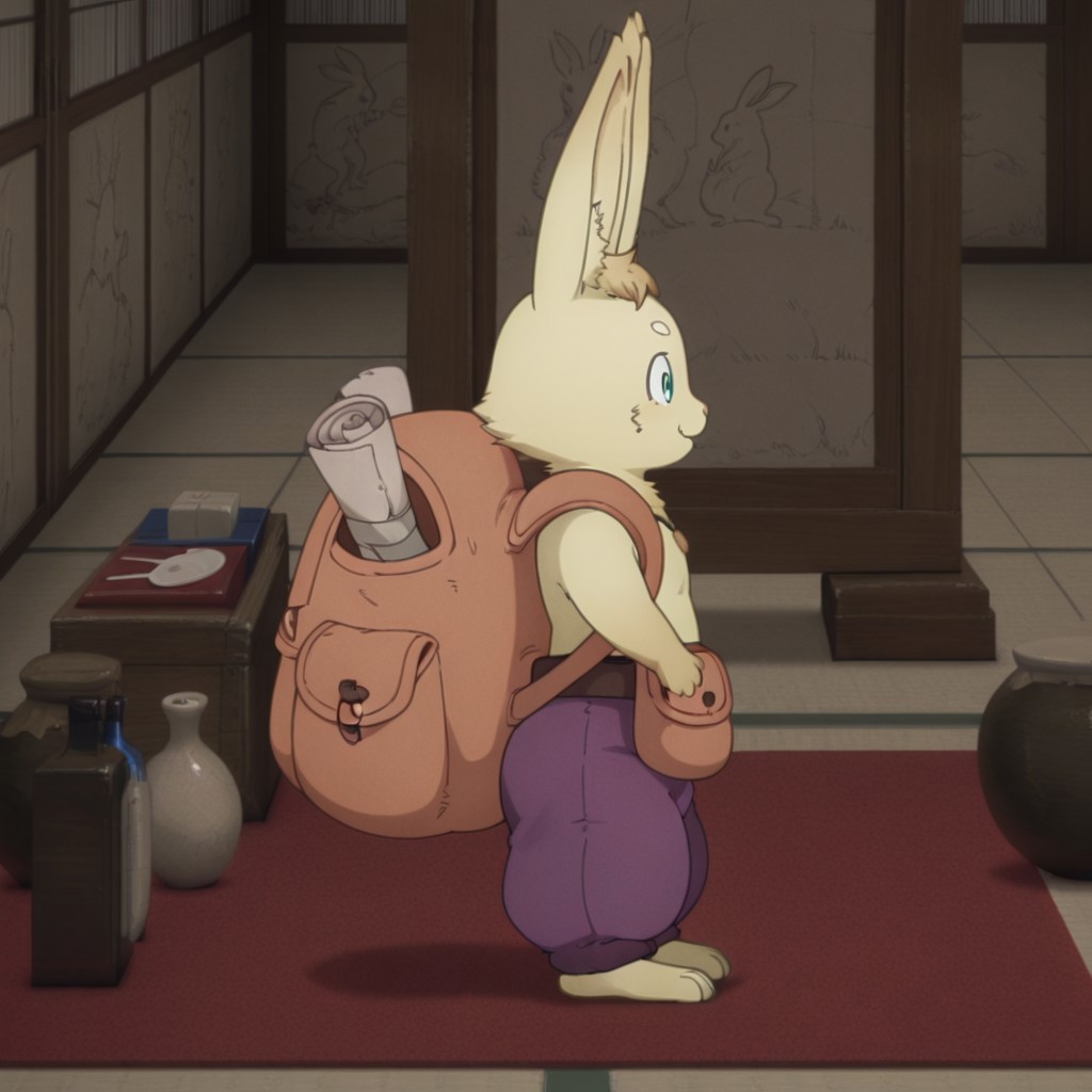 masterpiece, best quality, amazing quality, PeatzslfIL, semi-anthro, male, rabbit, cream blonde fur, turquoise eyes, disproportionately large backpack, belt, belt pouch, necklace, loose purple pants, inside, from side