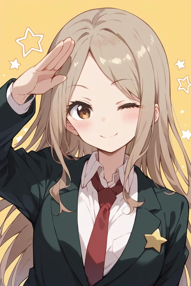 score_9, score_8_up, score_7_up, score_6_up,
<lora:Kotone_Noda:1> kotone, 1girl, one eye closed, solo, star (symbol), necktie, long hair, brown eyes, smile, shirt, red necktie, blazer, brown hair, blush, school uniform, simple background, salute