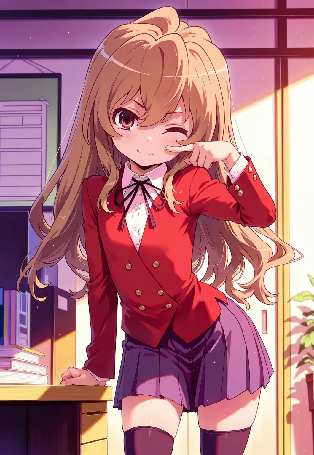 masterpiece,best quality,amazing quality, absurd 1girl solo, aisaka taiga, 1girl, solo,brown hair,long hair,flat chest, oohashi high school uniform, red jacket, black thighhighs ,pleated skirt, smile, one eye closed, ya hand pose, cowboy shot, light blush, indoor, office, 