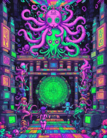 <lora:pxll-000007:0.7>pxll, girls, large breasts, psychedelic, vibrant, neon, blacklight, octopus, green goo, splatter, digital, pixel splash, temple, totem, dance, mandala, computer, pixel art, video game, pixelated