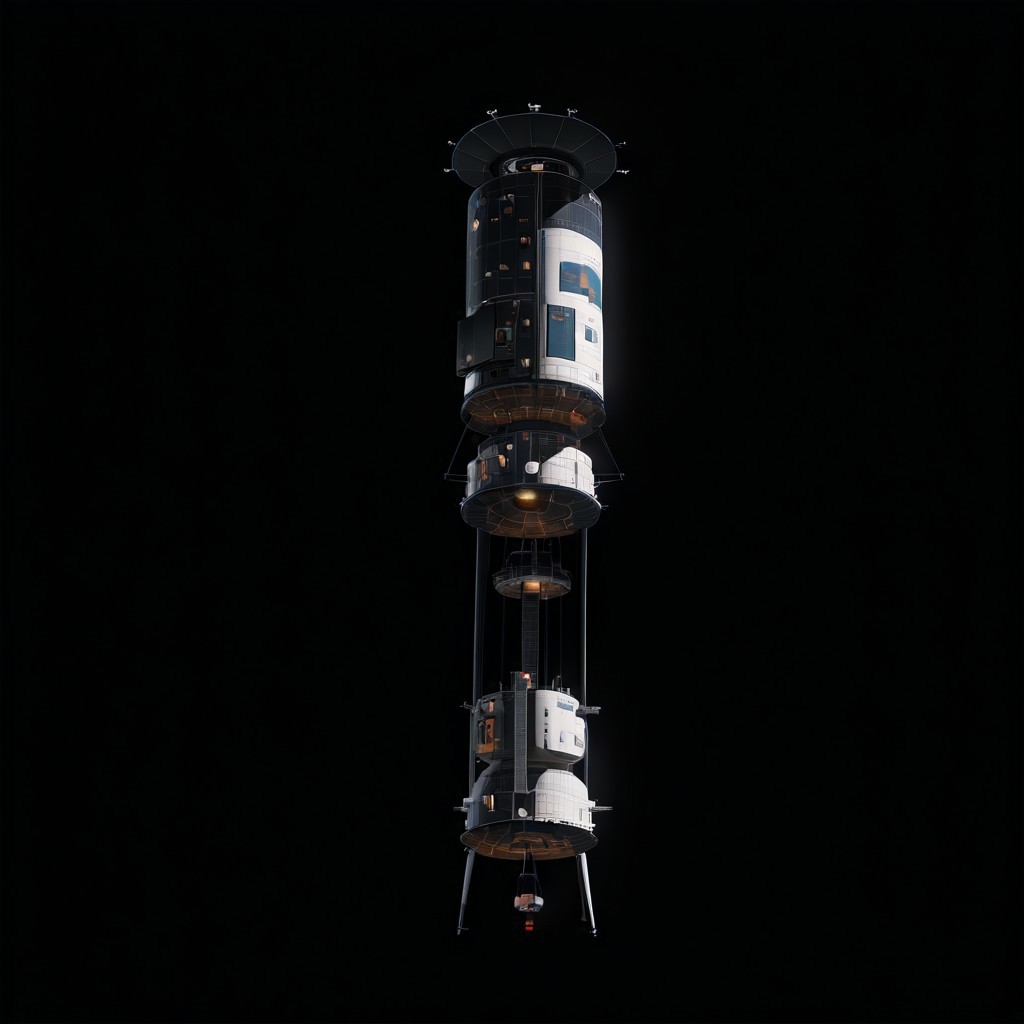 3d, american, capsule, space station, Spaceflight, a space station with a satellite attached to it, general, simple background, no humans, black background, scenery, science fiction, space, spacecraft, concept art, 80's