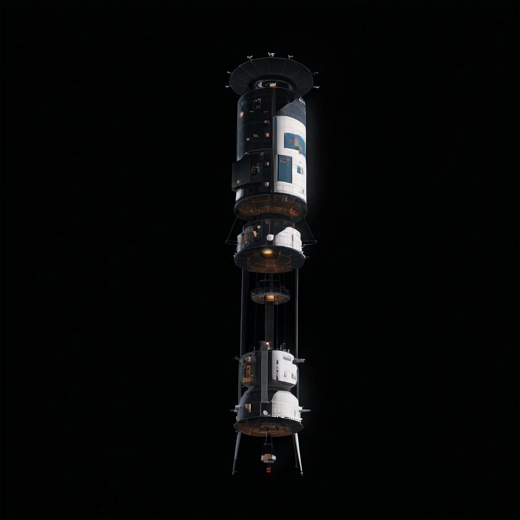 3d, american, capsule, space station, Spaceflight, a space station with a satellite attached to it, general, simple background, no humans, black background, scenery, science fiction, space, spacecraft, concept art, 80's