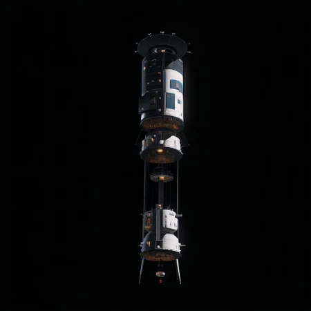 3d, american, capsule, space station, Spaceflight, a space station with a satellite attached to it, general, simple background, no humans, black background, scenery, science fiction, space, spacecraft, concept art, 80's
