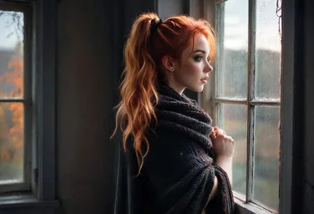 Rear View, Bend over, leaning at Window, looking Out, Ass Out, Lowlight dark Pastel Tone, super Closeup Portrait, very Detailed, awesome Quality, reflecting, luminescent, translucent, Ethereal, Aura, Natural naked Gothic Girl with freckles and Red blonde Hair, looking Happy Out of Window, Huge Knitted corduroy scarf, in Cozy messy black corduroy couch, snow through Window, underboob, puffy nipples, giga_busty, Wooly corduroy skirt, high wool stockings, 80s DARK dystopian Blade Runner Flair, dynamic Scene, very detailed, uhd, masterpiece, White smoke, light beams through smoke,