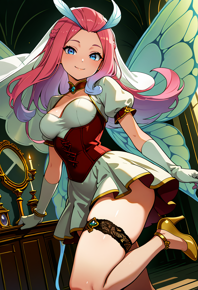 masterpiece, best quality, solo, curvy, beautiful eyes, narrow waist, wide hips, 1girl, solo, smile, looking at viewer, dynamic angle, foreshortening, close up,     zzTasi, blue eyes, long hair, multicolored hair, pink hair, wings,  ,<lora:TasiAFK_IXL:1.0>,  [Crimson Manor Heiress], elegant corset dress, embroidered bodice, layered lace skirt, puffed sleeves, blood-red ribbon choker, sheer opera gloves, velvet heels, lace garter, jeweled hair comb, long mourning veil, candlelit hallway, antique mirror, aristocratic expression, fanged smile,