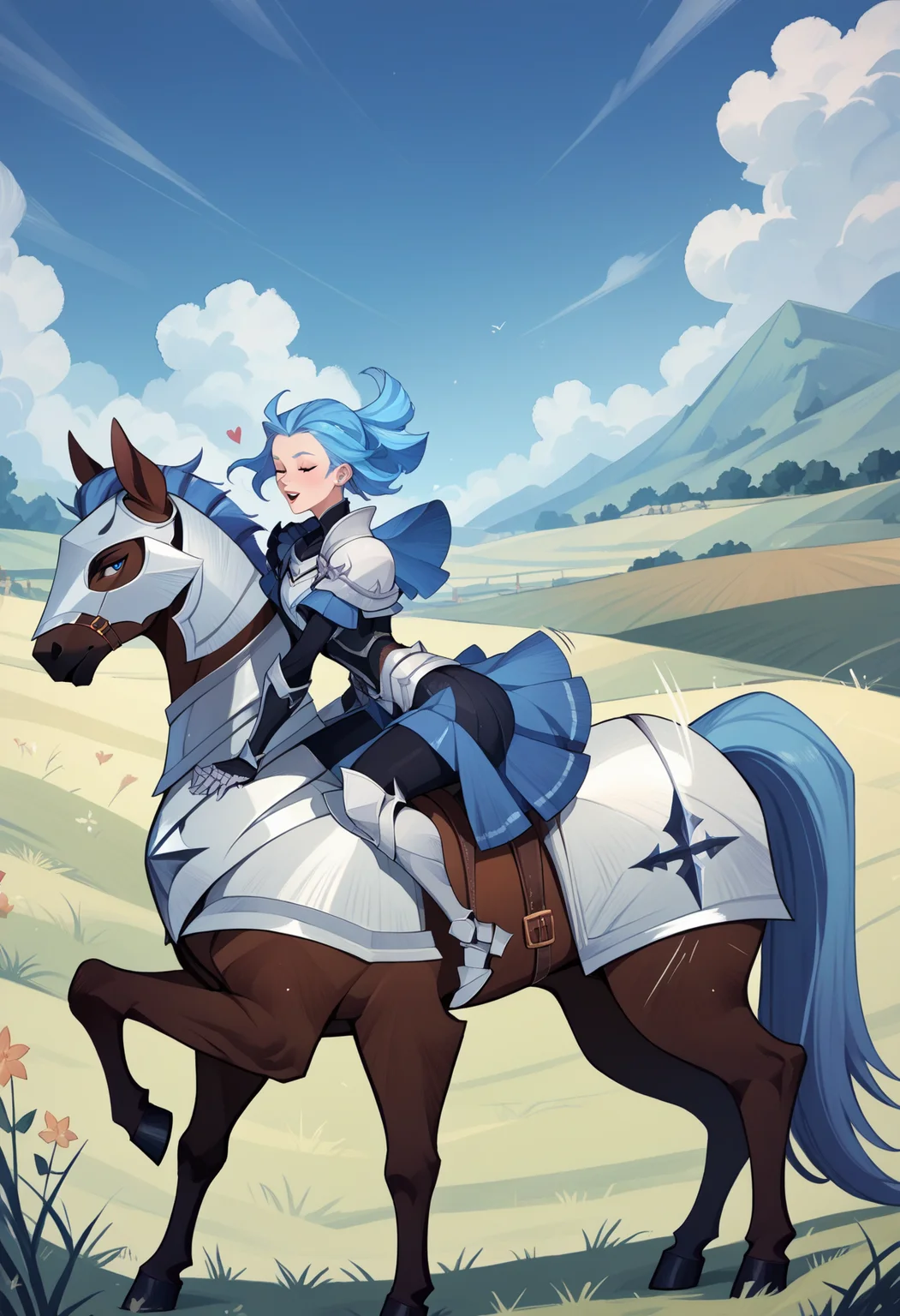 score_9, score_8_up, score_7_up, score_6_up,rating_safe,
female knight, riding a horse, open field, motion lines, blue hair, armor,
<lora:afkArenaStylePony:1> afkArenaStyle
