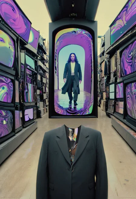 The Mona Lisa, displayed in the warped timelines of an enigmatic glitch spectre as he walks in paranoia through the busy streets of Tel Aviv