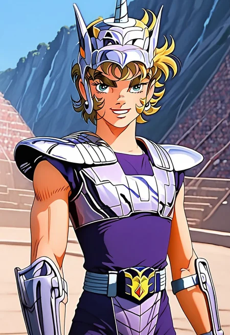 score_9, score_8_up, score_7_up, 1boy, male focus, Jabu, dark blonde hair, wavy hair, bangs, hair between eyes, green eyes, light skin, thick eyebrows, slim muscular, twink, big round pecs, nipples, abs, upper body, portrait, half smile, young, dynamic angle, looking at viewer, male model standing, confident, outdoors, elegant atmosphere, relaxed and carefree vibe, high quality, realistic, hd render, retro artysle, anime source, 1980's style, 1980's anime, unicorn_armor, purple armor, unicorn_helmet, pauldrons, vambraces, gauntlets, fingerless gloves, chest plate, waist armor, belt, boots,