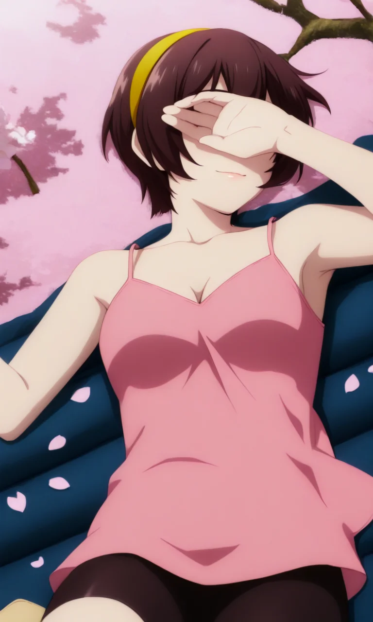 Yuu_Home, 1girl, brown short hair, hair between eyes, blue eyes, medium breasts, collarbone, yellow hairband, bare shoulders, black bike shorts, camisole, pink shirt, sleeveless shirt, cleavage,
, Outdoor theater surrounded by cherry blossom trees, light smile, Lying with one arm over the eyes , <lora:Yuu_IL_NoobAI-000005:0.7>