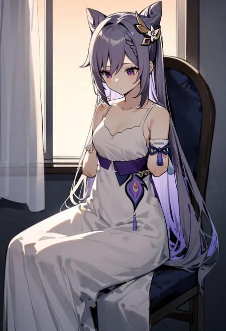 masterpiece, best quality, absurdres, very authentic, three-quarter view, 1girl, solo, full body very long hair, colored inner hair, armless amputee, legless amputee, sitting, on chair, expressionless, looking down, indoors, dusk, backlighting, window, curtains, white camisole, long dress, white frilled lace trimmed arm wrapper, wall, window, <lora:amputee-anxl31-000089:0.8>, keqing \(genshin impact\)