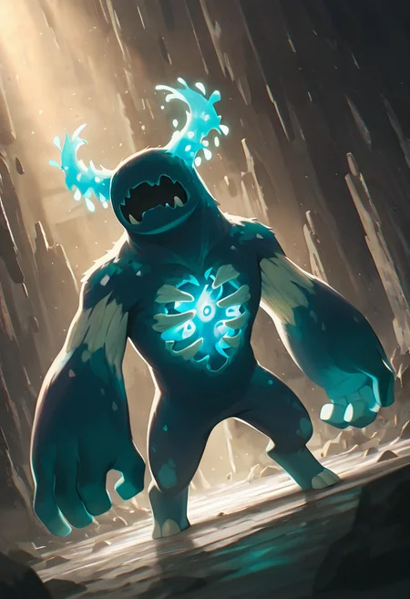 masterpiece, best quality, amazing quality, very aesthetic, absurdres, newest, detailed background, foreground blur, volumetric lighting, sharp, 4k, hd, 
warden, glowing horns, standing, solo, monster, open mouth, creature, teeth, no eyes, pokemon (creature), ribs, colored skin, ((wide head, big head,)),, no teeth, no humans, big arms,  no hands, no wrists, wide body, short legs, no teeth, 
, dynamic angle, daytime, fighting stance, smile, big smile, no teeth,