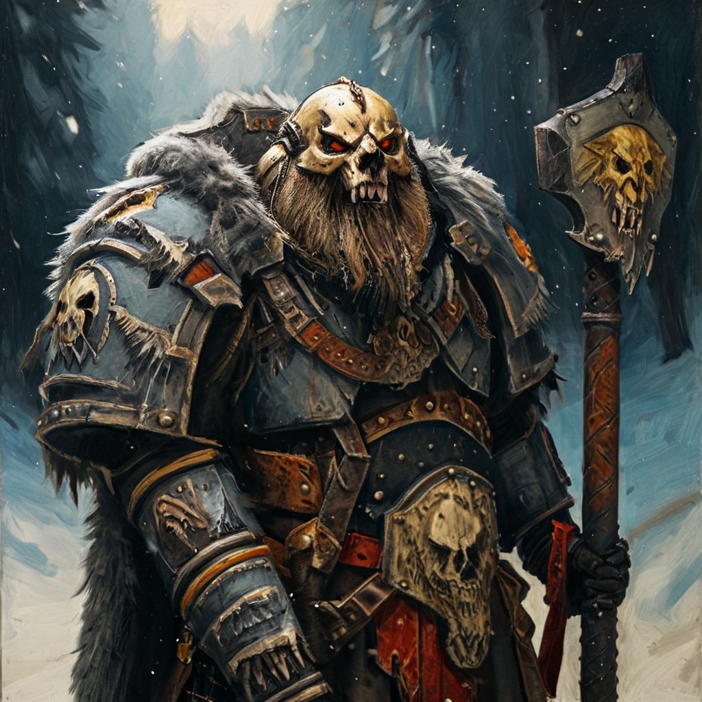 Space wolf warrior, wolf priest, chaplain, skull helmet, wolf skull helmet, wolf skull has a long snout that extends to the helmet mouth vent, the skull has fangs and glowing eyes, warrior with beard is in winter landscape, he is a werewolf space marine,  he as heavy scars, he has his huge runic hammer in his hands, portrait style, viking, norse, beard, clad in ripped furs and pieces of old worn space wolf armor, Black over black, top light, masterful painting in the style of Anders Zorn | Marco Mazzoni | Yuri Ivanovich, Todd McFarlane, oil on canvas
<lora:add-detail-xl:1> <lora:MJ52:0.5>