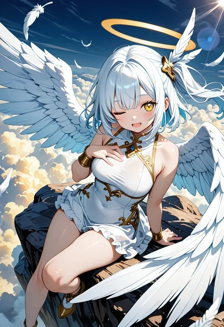 masterpiece, newest, absurdres, incredibly absurdres, best quality, amazing quality, very aesthetic, 1angel, (angel wings:1.1), (feathered wings:1.1), gold eye, one eye closed, (halo:0.8), short hair, floating hair, side ponytail, (smile:0.9), (open mouth:0.9), cute, 
(medium breasts:0.7), (thighs:0.9), 
frills, gold trim, feather hair ornament, 
sitting on cliff, hand on own chest, (knee up:1.1), (leaning back:1.2), 
(above clouds:1.1), gold clouds, many feathers, fog, lens flare, 
sharp focus, looking at viewer, from above, 
(intricate:1.2), (white tone:1.1), (yellow tone:0.9), (white theme:1.1), 
anime coloring, high contrast, 
(masterpiece:1.2), (best quality:1.2), (very aesthetic:1.2), (absurdres:1.2), (detailed background), newest, ai-generated, (intricate details:1.2),
