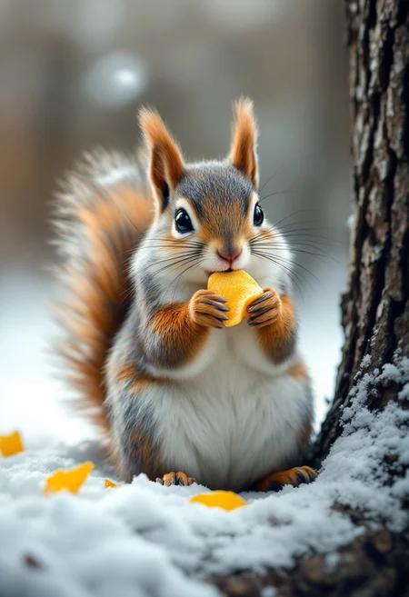 winter, cute fluffy funny squirrel sitting on a tree and eating chips from the green package, macro, hyper-detailed, close-up view, masterpiece, ultra realistic, professional photo